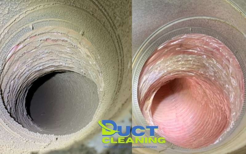 Comparison of air duct before and after cleaning, showing dirty and clean conditions